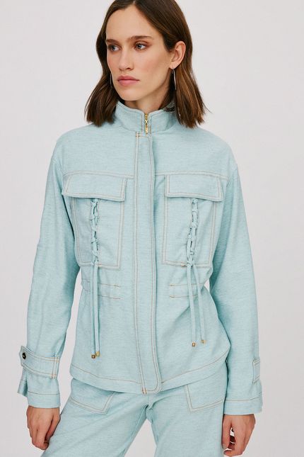 Casaco linho bolso amarração azul aquamarine