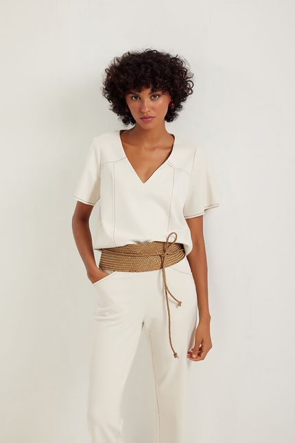 Blusa manga pesponto contraste bege aveia