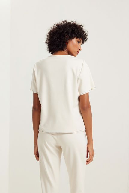 Blusa manga pesponto contraste bege aveia