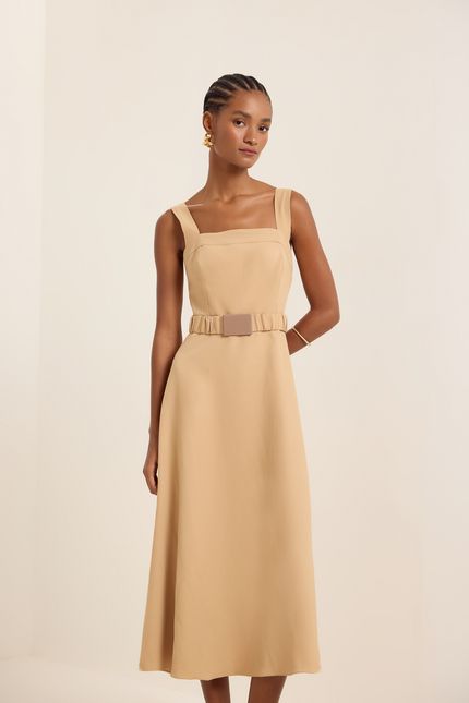 Vestido cupro cinto fivela bege queimado
