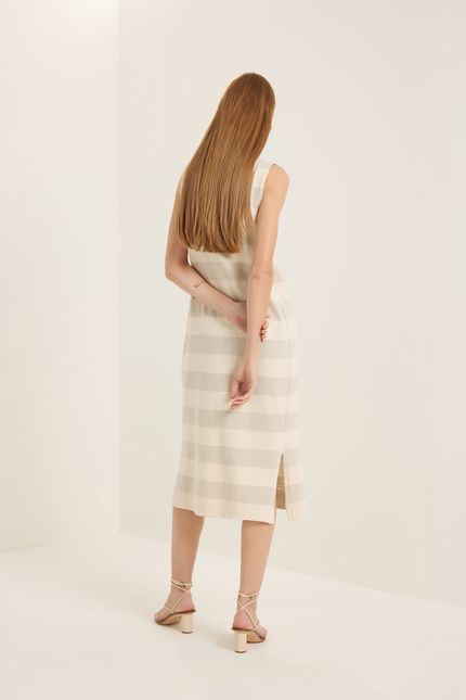 Vestido linen listrado bordado bege natural