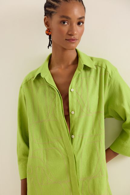 Vestido linho bordado barzinho verde jardim