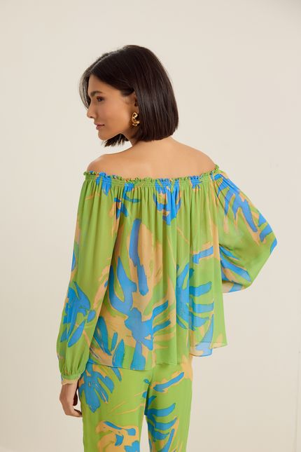 Blusa ombro tropical verde jardim