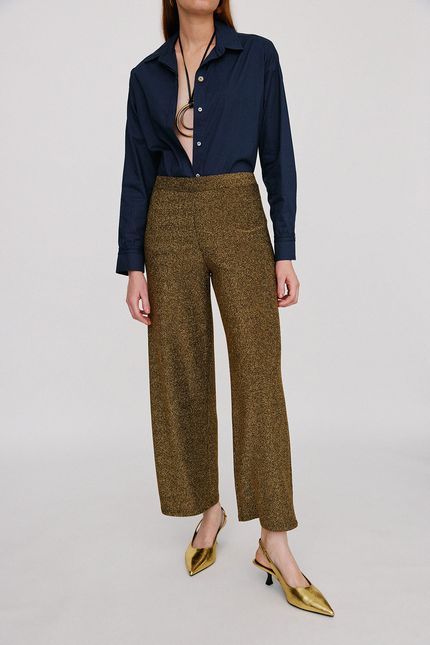 Calça lurex cropped dourado