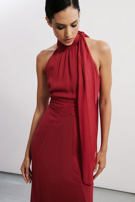 Vestido festa gola amarração vinho urucum