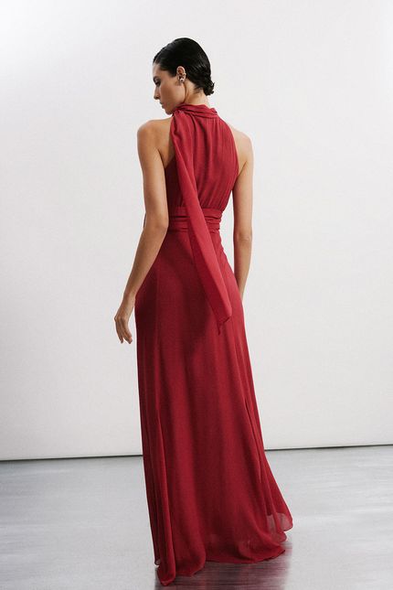 Vestido festa gola amarração vinho urucum