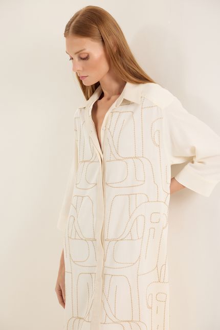 Vestido linho bordado barzinho off white