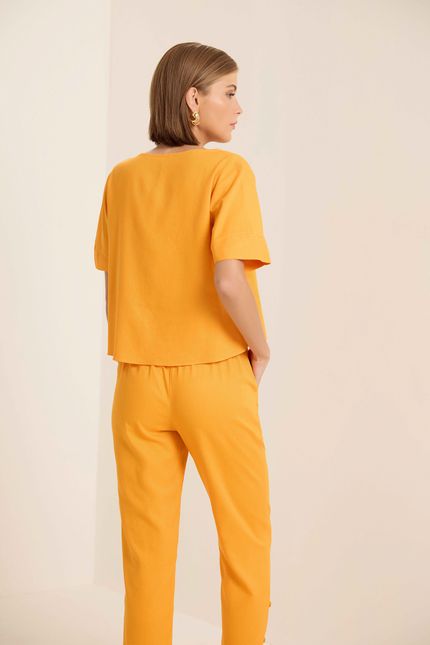 Blusa linho manga transpasse laranja sunset