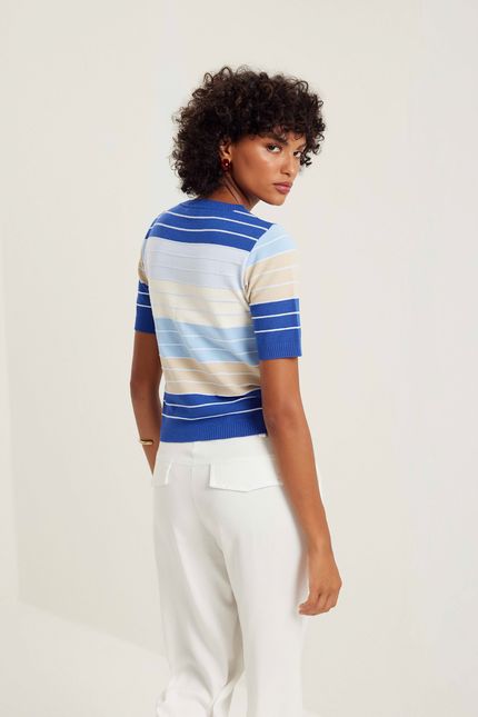 Blusa tricot listras nervuras azul topazio