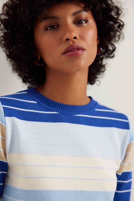 Blusa tricot listras nervuras azul topazio