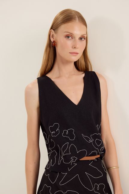 Blusa linho bordado botânica preto