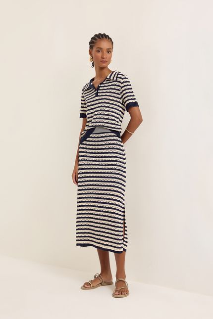 Blusa tricot polo listra  azul atlantico