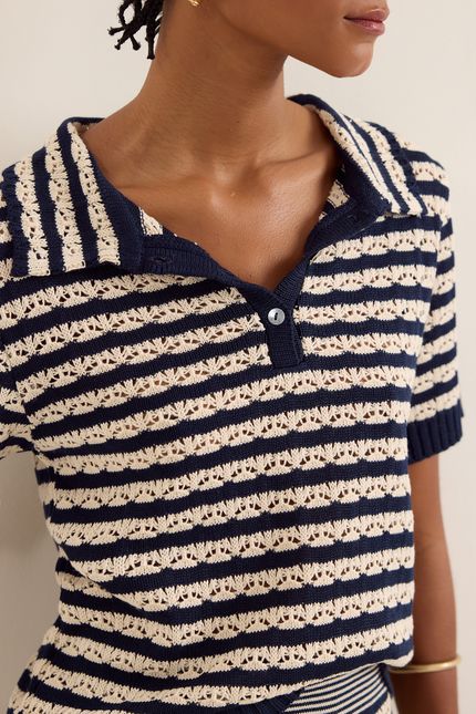 Blusa tricot polo listra  azul atlantico