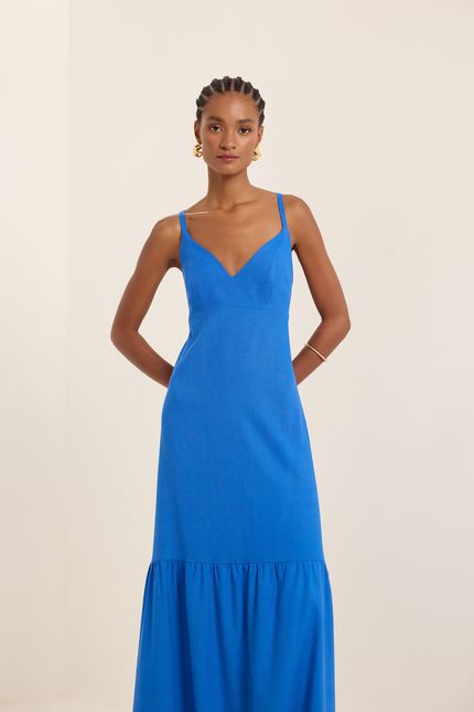 Vestido linho barra azul topazio