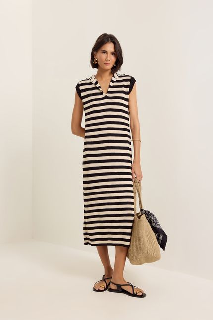 Vestido tricot polo  preto com off white