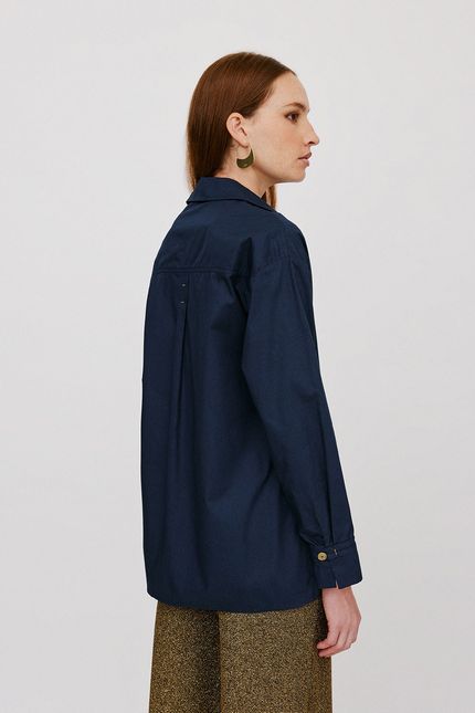 Camisa tricoline punho botão azul noturno