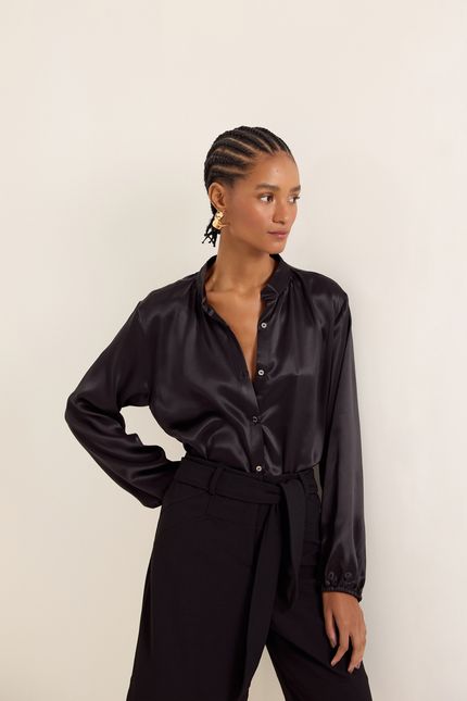 Camisa seda mg longa preto