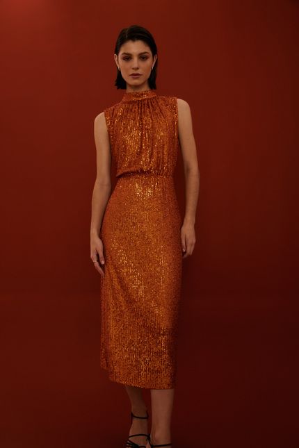 Vestido festa amarraçao paetê laranja terracota