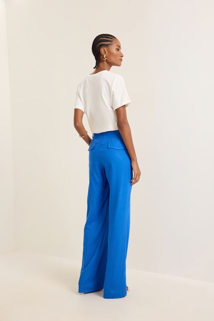Calça linho lapela costas azul topazio
