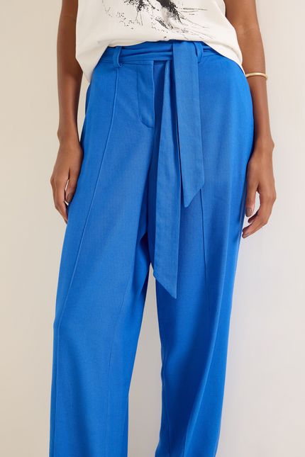 Calça linho lapela costas azul topazio