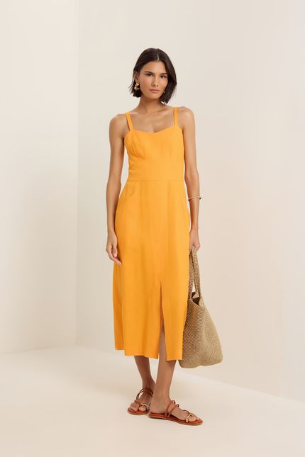 Vestido linho busto nervuras laranja sunset