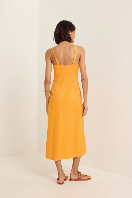 Vestido linho busto nervuras laranja sunset