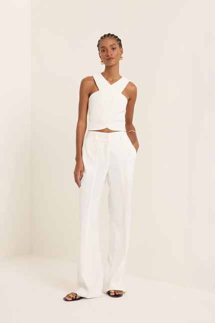 Blusa decote cruzado crepe malha off white