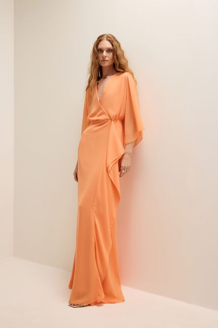 Vestido festa manga fenda laranja pessego
