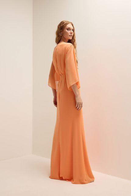 Vestido festa manga fenda laranja pessego