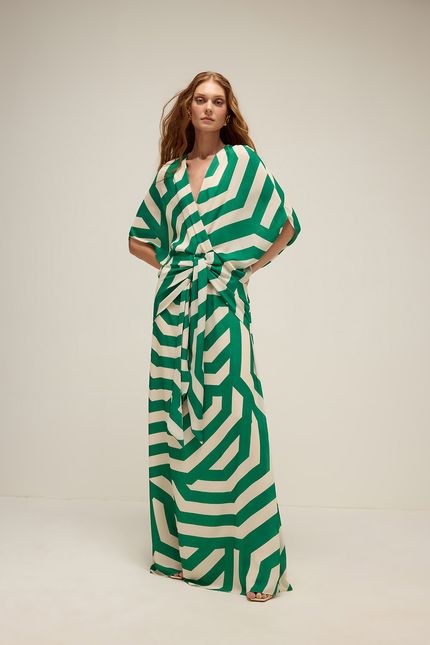 Vestido festa amarração listra ipanema verde palmeira