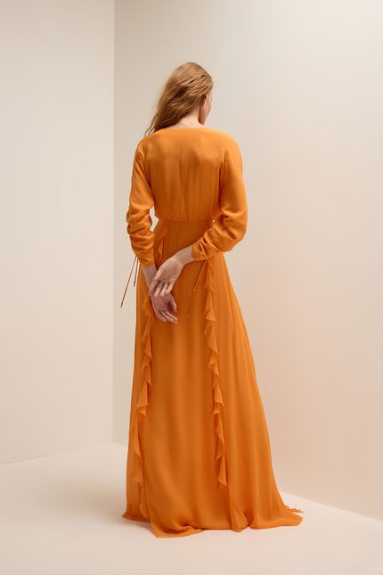 Vestido festa jabot manga detalhe laranja sunset