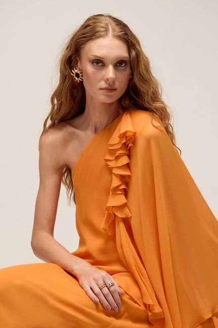 Vestido festa capa flor laranja sunset