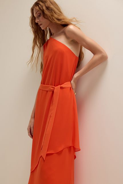 Vestido festa jabot fenda laranja suco