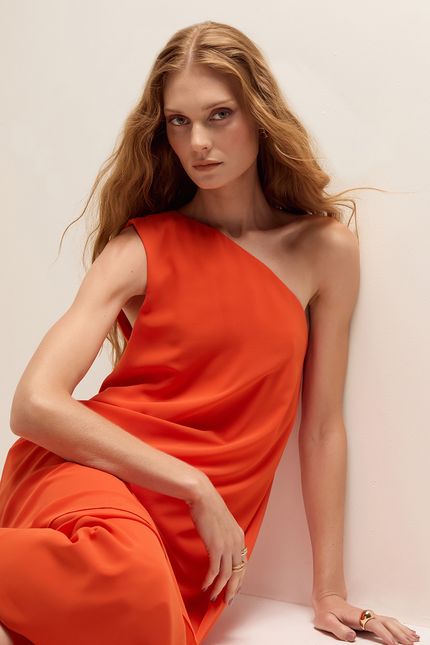 Vestido festa jabot fenda laranja suco