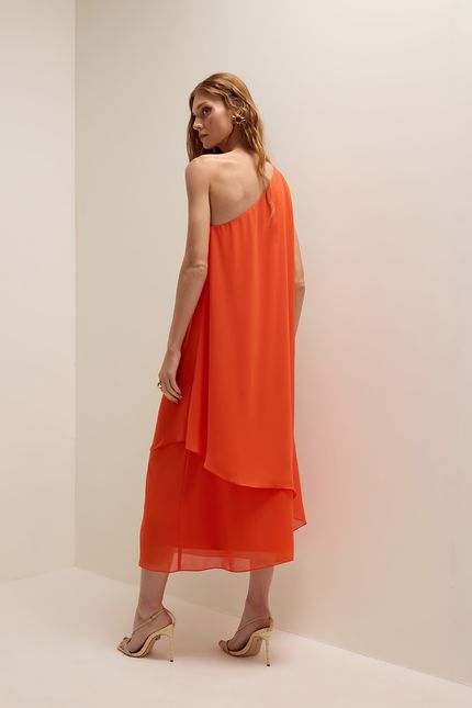 Vestido festa jabot fenda laranja suco