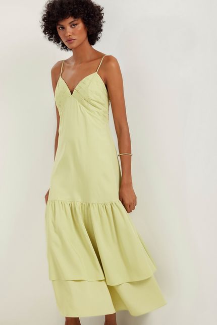 Vestido busto pregas linho leve verde cana