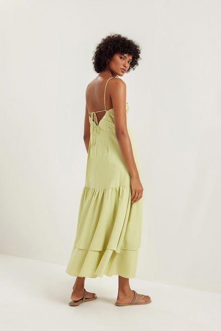 Vestido busto pregas linho leve verde cana