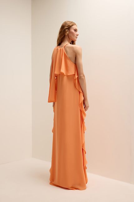 Vestido festa jabot lateral laranja pessego
