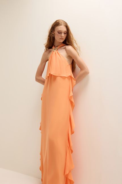 Vestido festa jabot lateral laranja pessego