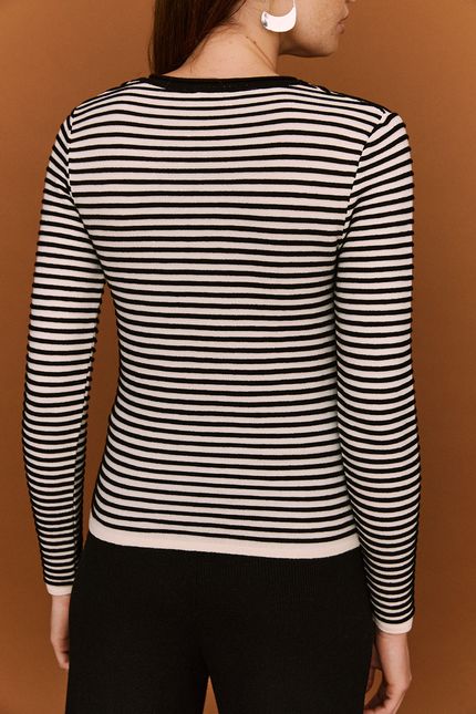 Blusa tricot listra decote v bege palha