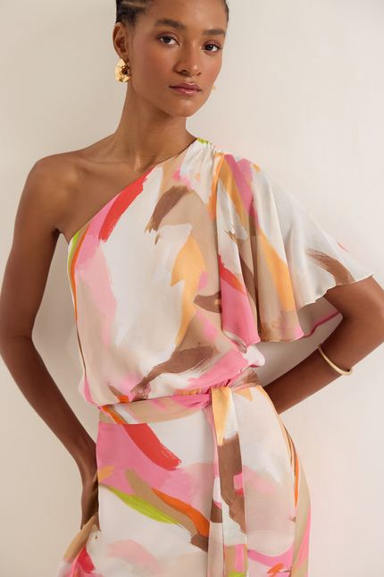 Vestido ombro jabot pinceladas rosa confete