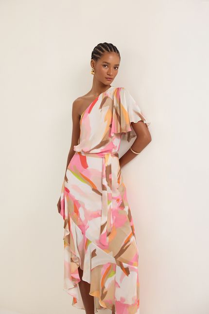 Vestido ombro jabot pinceladas rosa confete