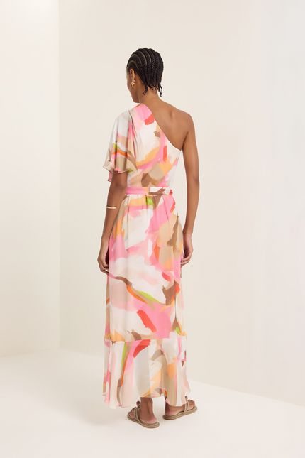 Vestido ombro jabot pinceladas rosa confete