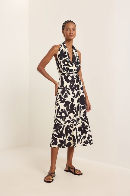 Vestido frente única botânica bege aveia c/ preto