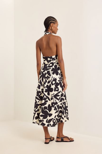 Vestido frente única botânica bege aveia c/ preto
