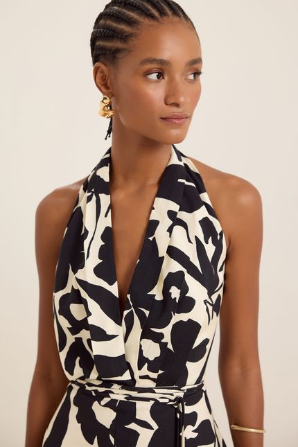 Vestido frente única botânica bege aveia c/ preto