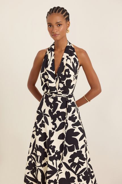 Vestido frente única botânica bege aveia c/ preto