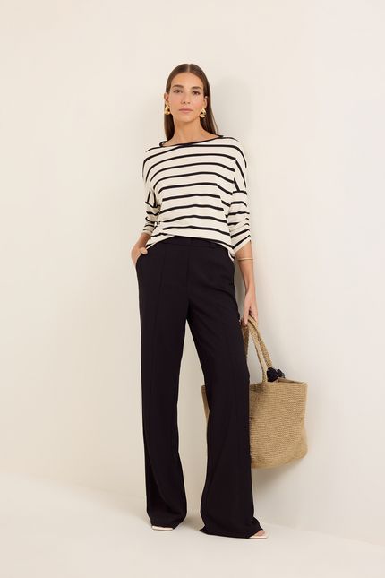 Blusa malha listra manga bege natural