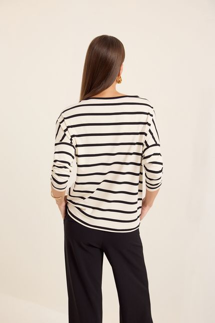 Blusa malha listra manga bege natural