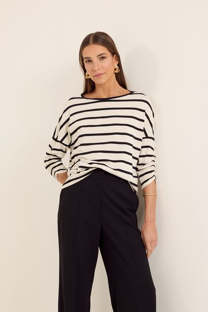 Blusa malha listra manga bege natural